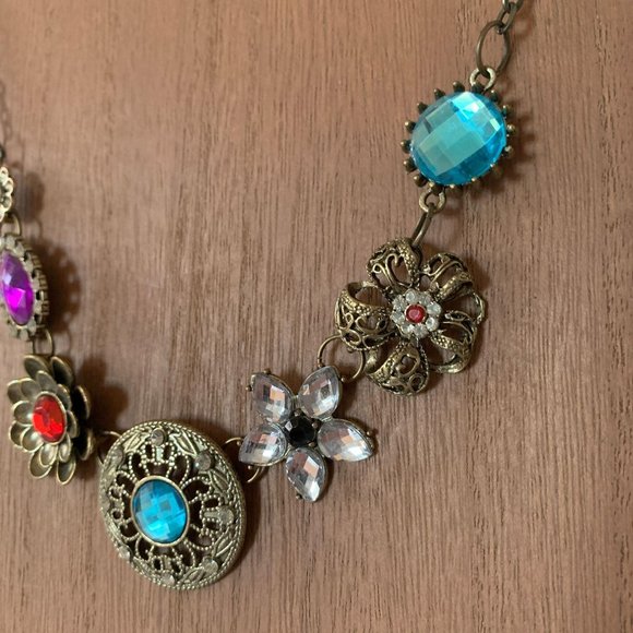 Gold Tone Multi Colored Crystal Statement Necklace - Picture 5 of 7